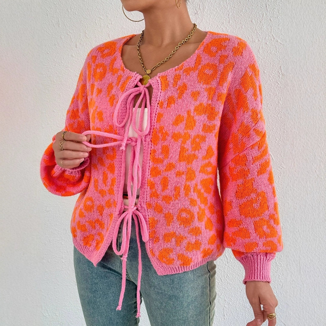 Damen Strickjacke mit einzigartigem Leopardenmuster und verstellbarem Kordelzug EB