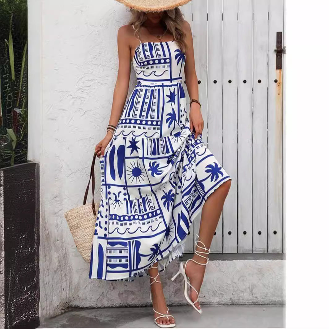 Damen Maxikleid mit angesagtem Grafikdruck und verstellbaren Spaghettiträgern EB