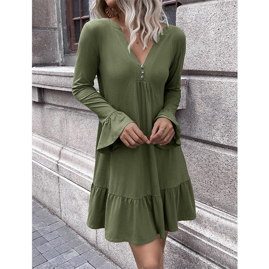Damen lockeres Kleid mit schmeichelndem V-Ausschnitt und Glockenärmeln EB