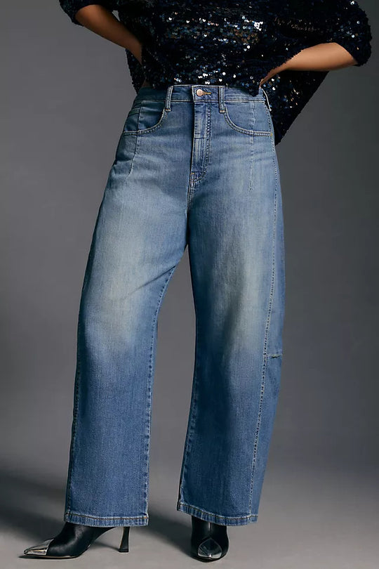 Damen nan hochgeschnittene weite Culotte-Jeans mit verkürzter Länge und dekorativen Nahtdetails EB