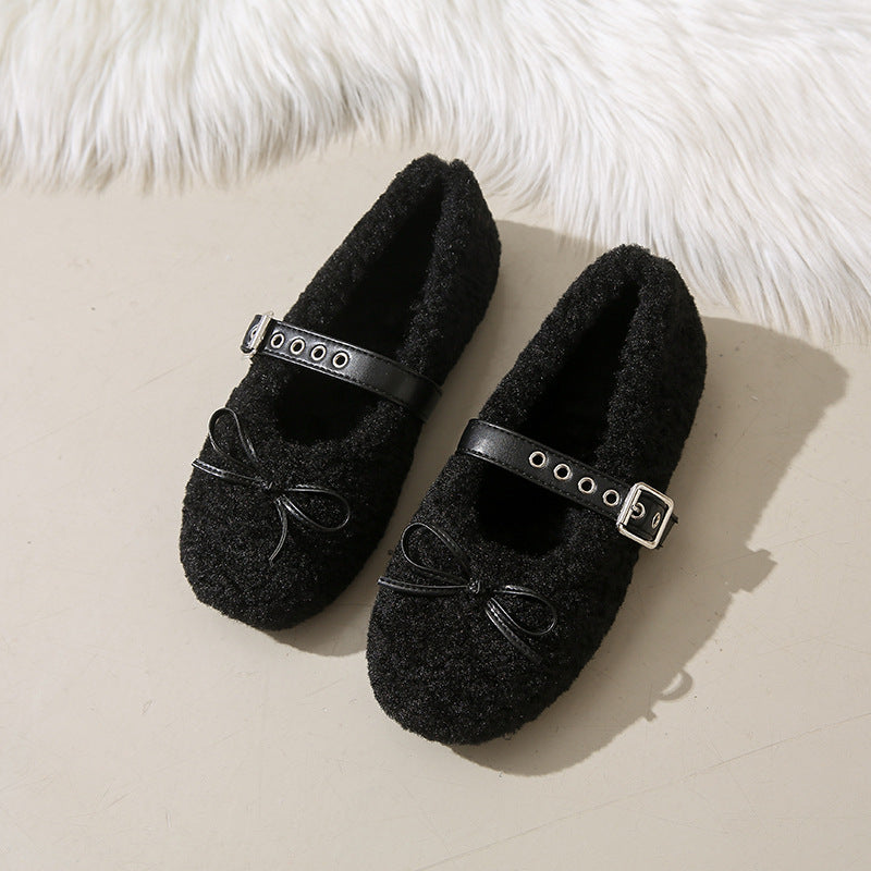 Damen Ballerinas aus kuscheligem Stoff mit verstellbarem Riemen und Schleifen-Applikation EB