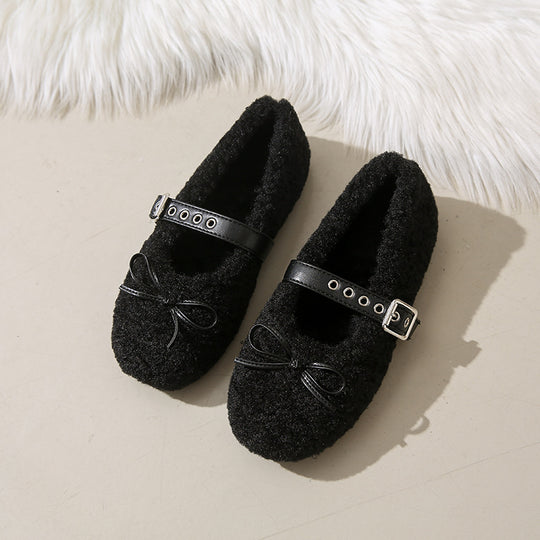 Damen Ballerinas aus kuscheligem Stoff mit verstellbarem Riemen und Schleifen-Applikation EB