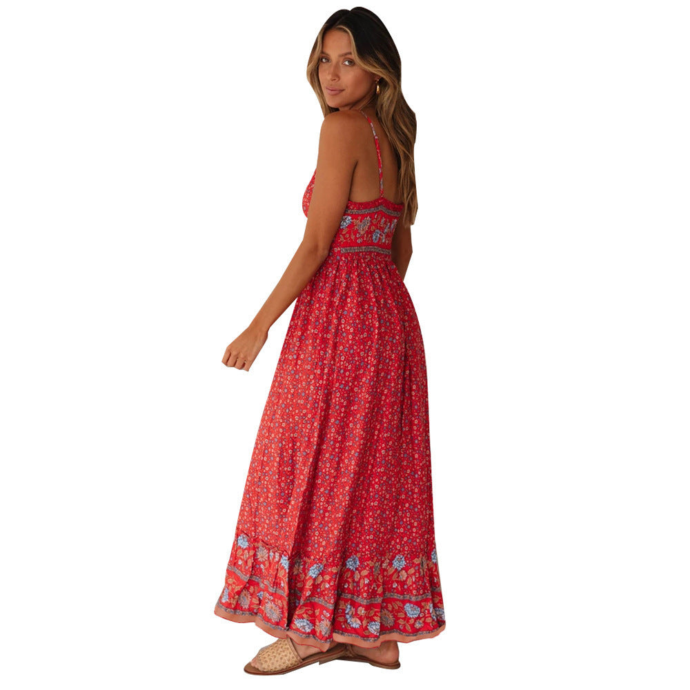 Damen Maxikleid mit floralen Mustern und verstellbaren Spaghettiträgern EB