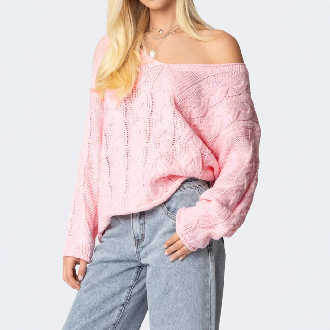 Damen Grobstrickpullover mit tiefem V-Ausschnitt und lässiger Silhouette EB