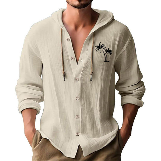 Herren lässiges Kapuzenshirt mit dekorativem Palmendruck und Knopfleiste EB