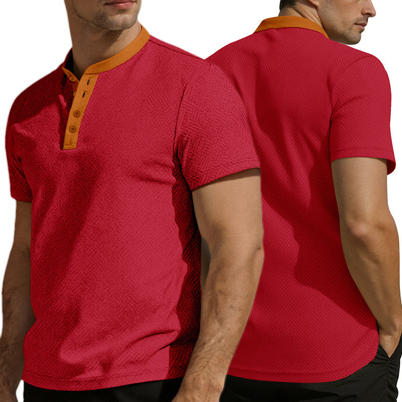 Herren nan schlankes Kurzarm-Henley-Poloshirt mit Mandarin-Kragen und feiner Jacquardstruktur EB