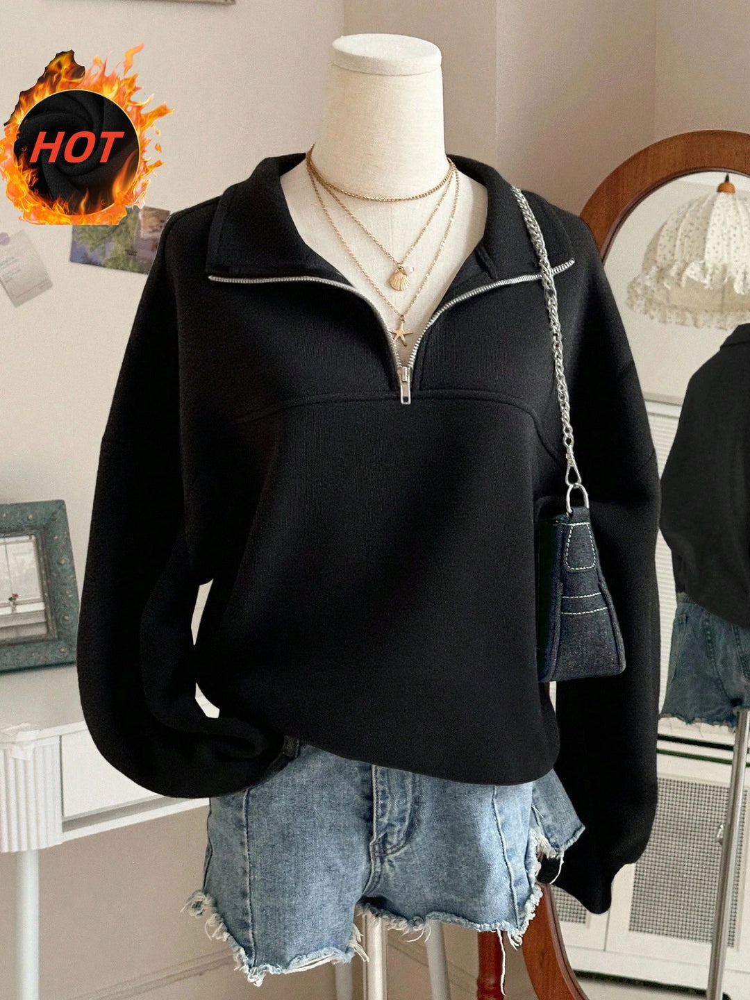 Damen nan Oversize Sweatshirt mit halbem Reißverschluss, Stehkragen und Ballonärmeln EB