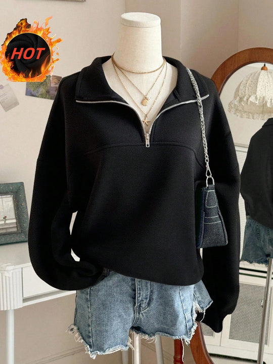 Damen nan Oversize Sweatshirt mit halbem Reißverschluss, Stehkragen und Ballonärmeln EB