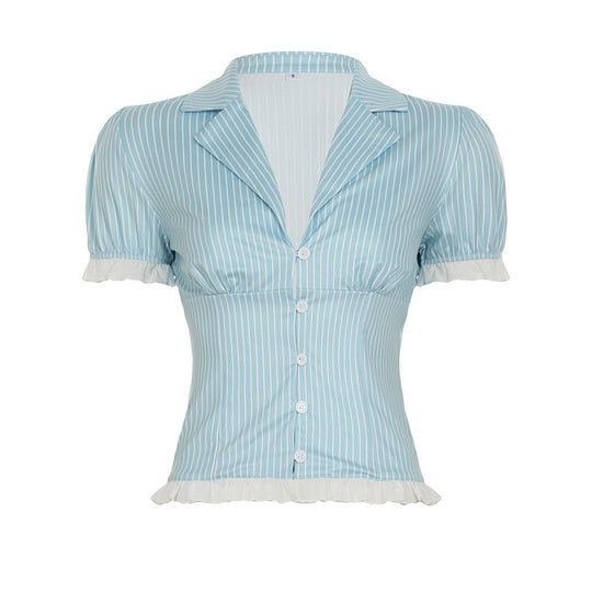 Damen Kurzes Blusenshirt mit Rüschenärmeln und Streifenmuster EB