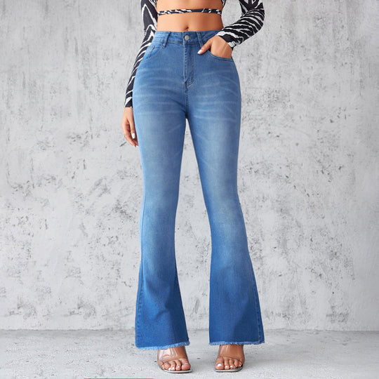 Damen Flared Jeans mit hohen Bund und ausgefranstem Saum EB