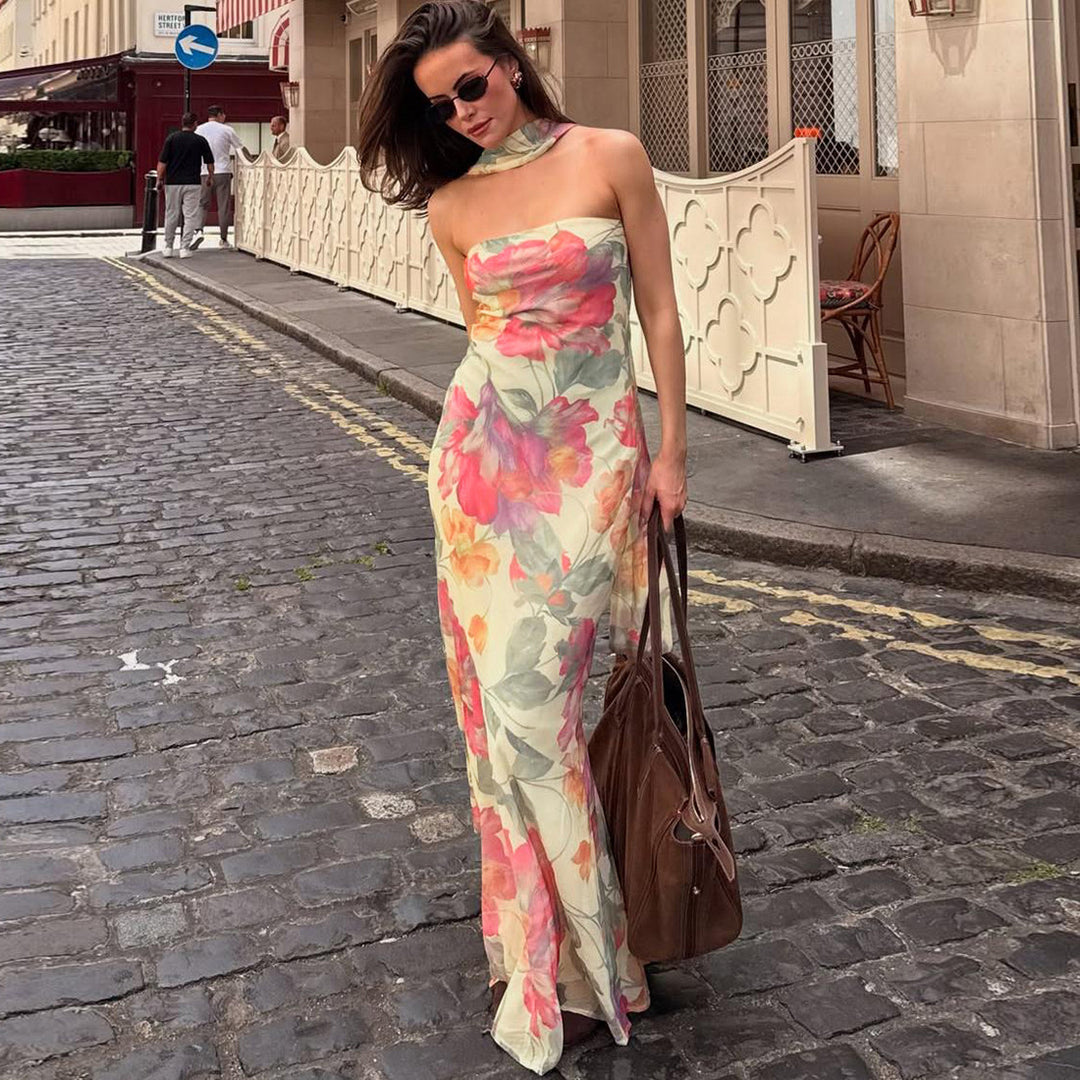 Damen Elegantes Maxikleid mit floralem Muster und schicker Rückenschnürung EB