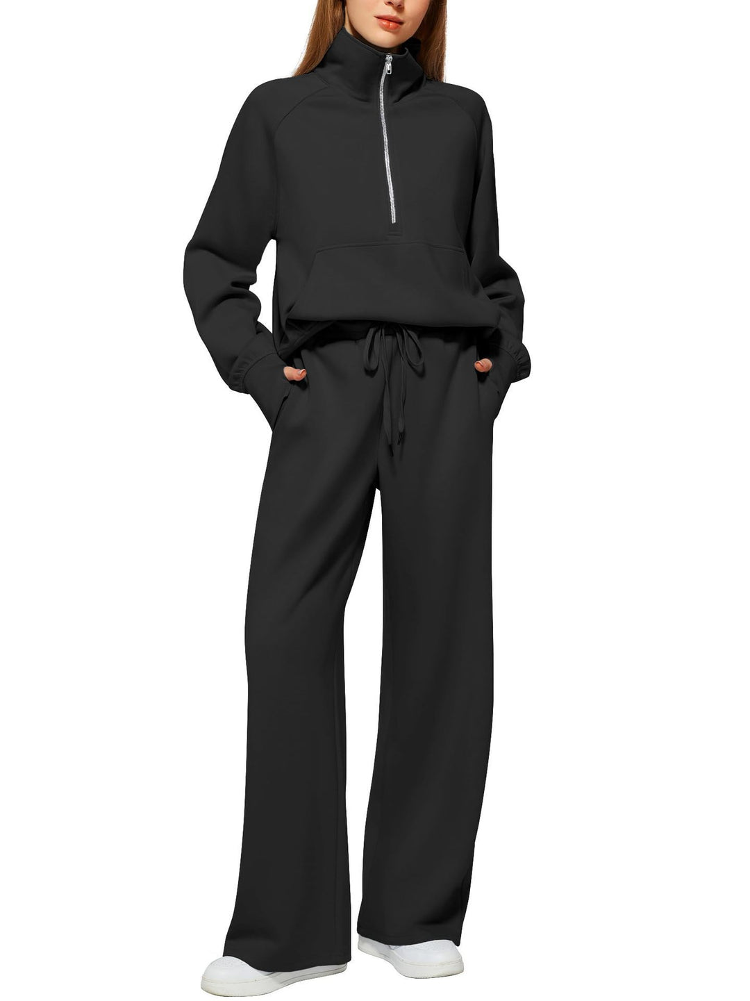 Damen nan halbzip Lounge-Set mit hohem Stehkragen, Kängurutasche und weiten Highwaist-Jogginghose EB