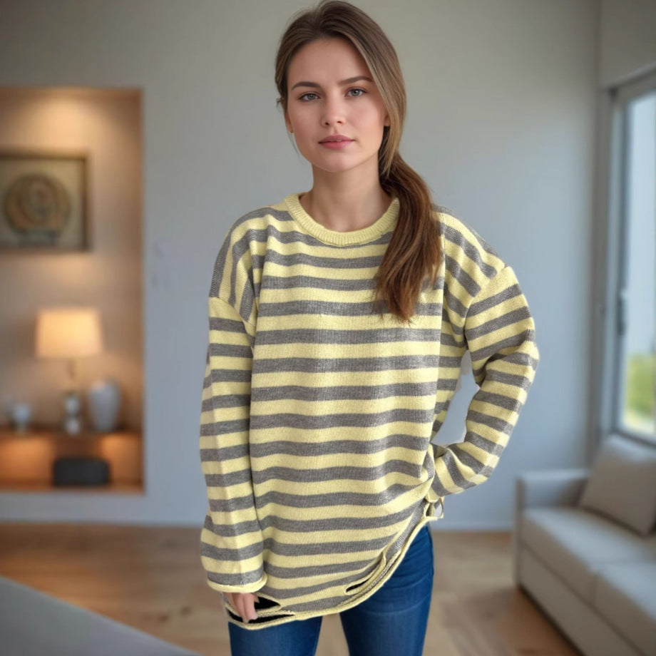 Damen lässiger Oversize-Pullover mit breiten Streifen EB