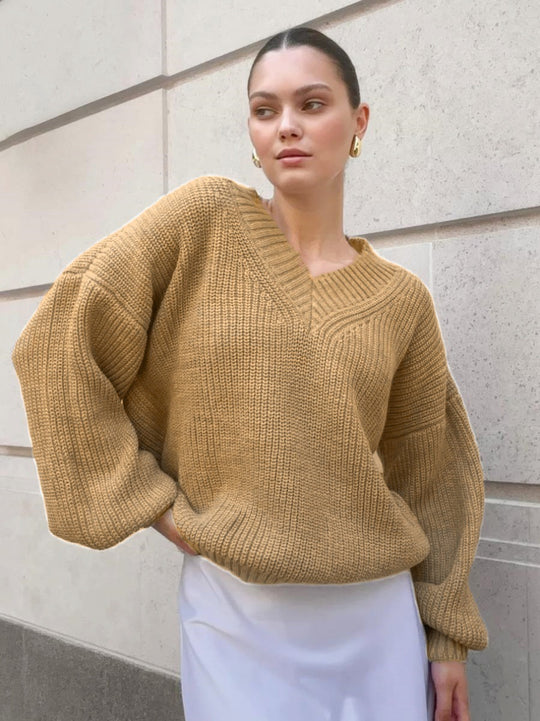 Damen lässiger Pullover mit V-Ausschnitt und voluminösen Ärmeln EB