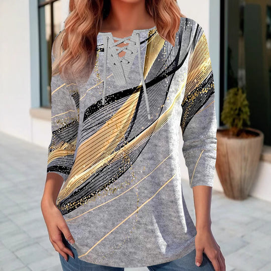 Damen Langarmbluse mit raffiniertem Schnürdesign und abstractem Muster Heidi-Mode