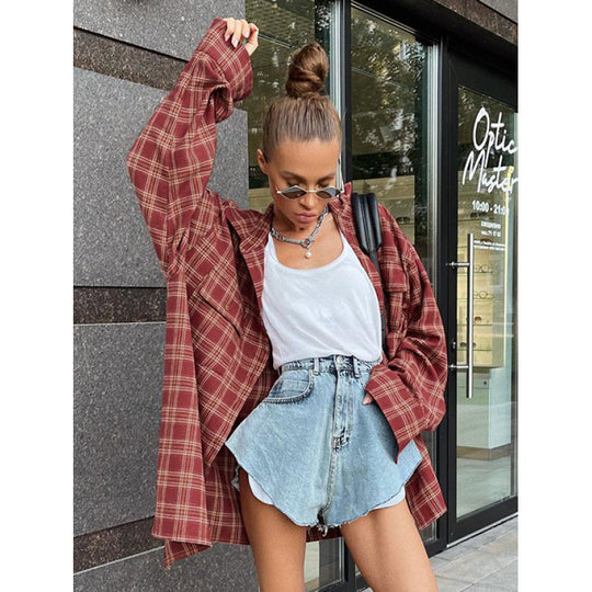 Damen Lässige kariertes Oversize-Hemd EB