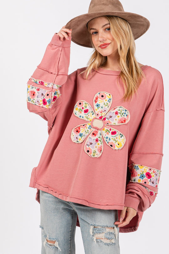 Damen lässiger Oversize-Pullover mit floralem Applikationsdesign EB