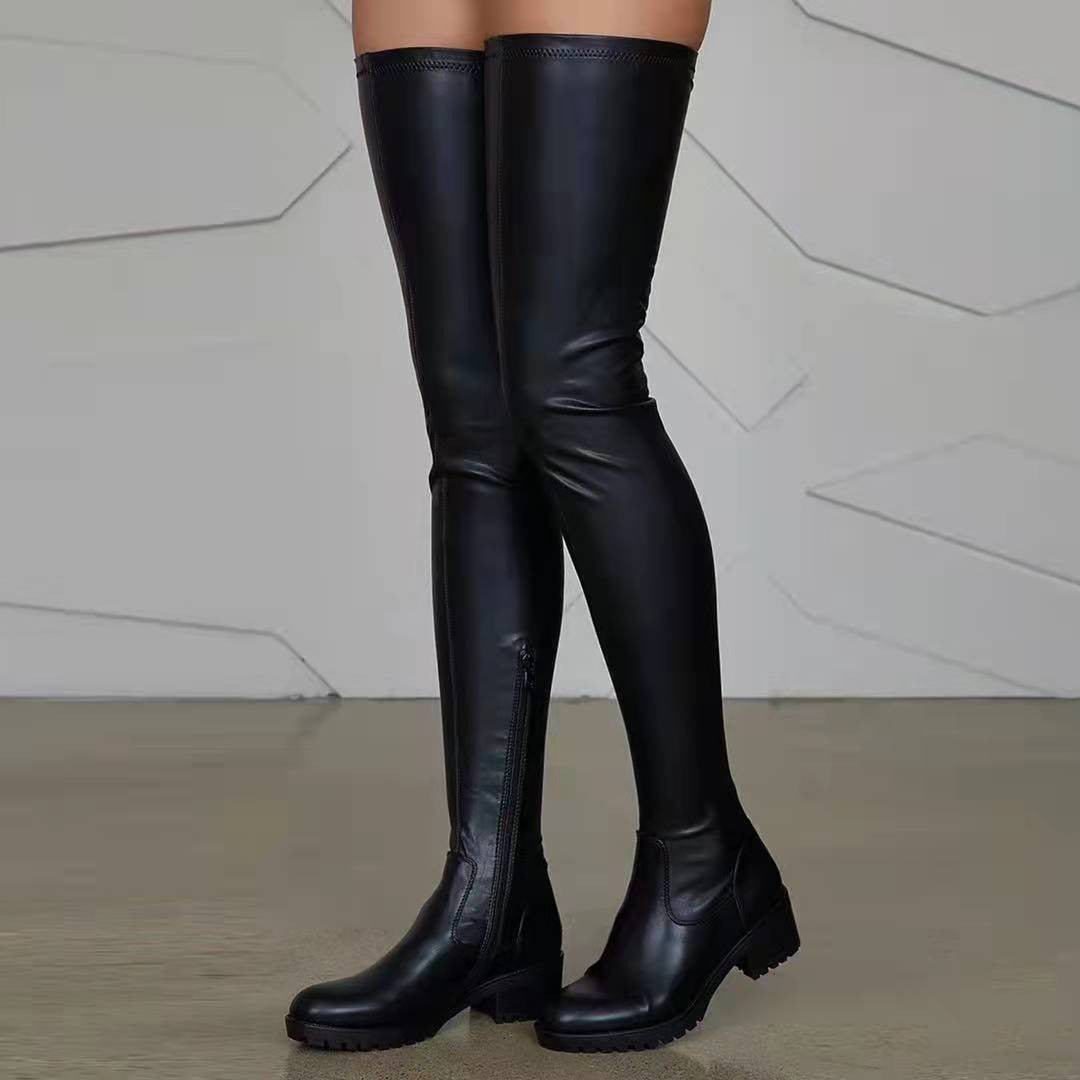 Damen Overknee-Stiefel aus Stretch-Kunstleder mit seitlichem Reißverschluss und robuster Profilsohle EB