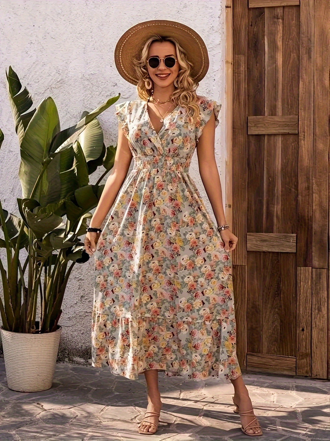 Damen Maxikleid mit floralem Design und lässigem V-Ausschnitt EB