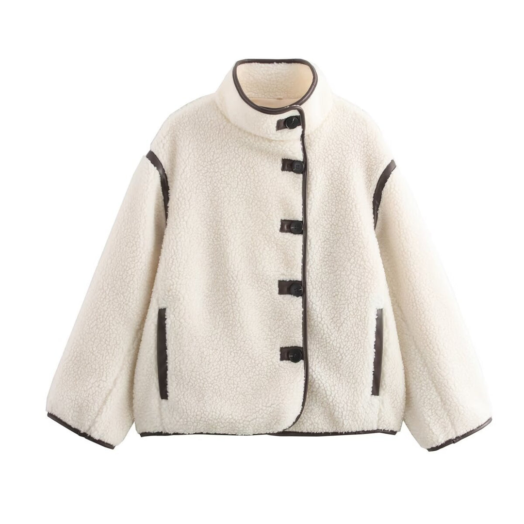 Damen Kuschelige Teddyjacke mit hohem Kragen und praktischen Eingrifftaschen EB
