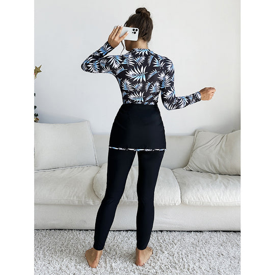 Damen Sportliches Badeoberteil mit langem Arm und modischem Wickelrock EB