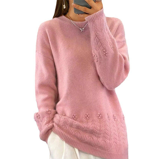 Damen nan kuscheliger Oversize Kaschmir-Mix Pullover mit Zopfmuster und Perlenapplikation EB