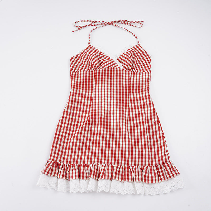Damen Spaghetti-Trägerkleid mit verspieltem Vichy-Muster und Rüschensaum EB