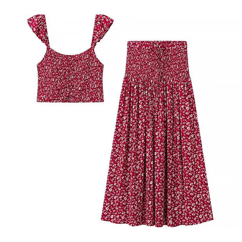 Damen Set aus Crop-Top und schwingendem Maxirock mit floralen Mustern EB