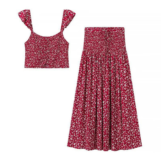 Damen Set aus Crop-Top und schwingendem Maxirock mit floralen Mustern EB