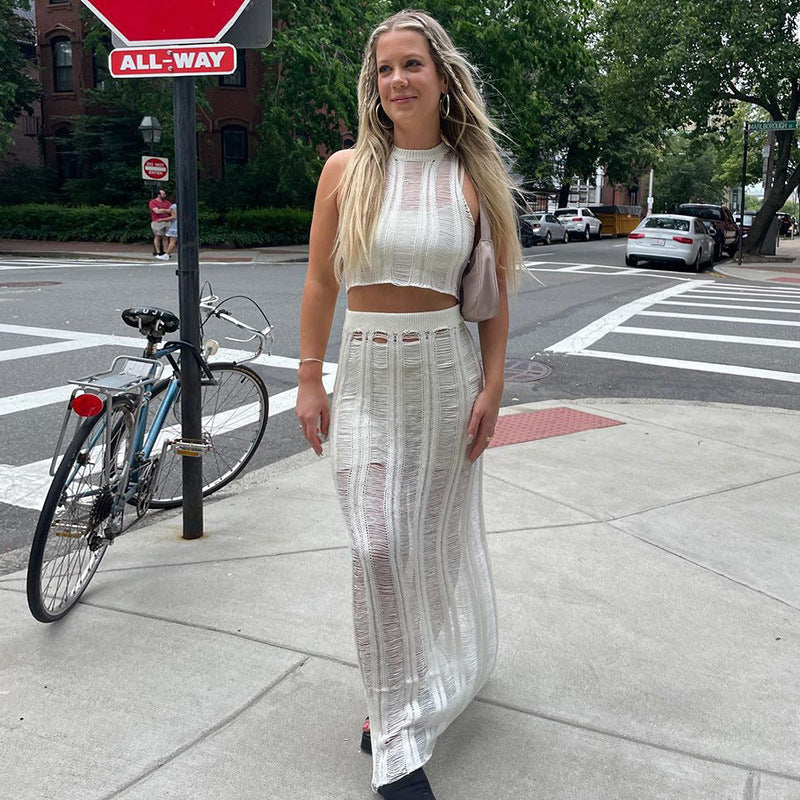 Damen gehäkeltes Crop-Top und Maxi-Rock-Set EB