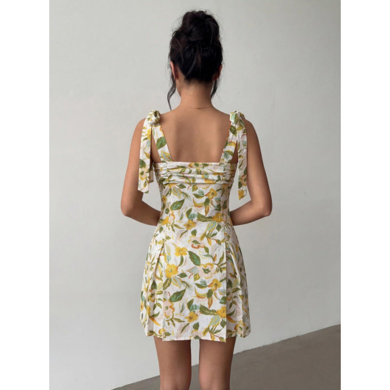 Damen Minikleid mit ärmellosen Bindeschultern und floralem Design EB