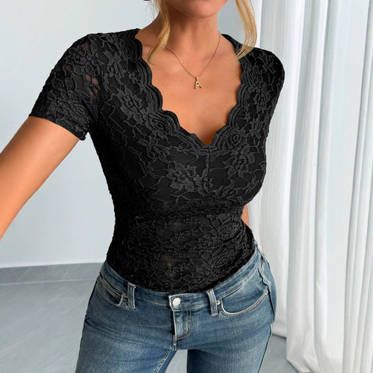Damen Elegantes Spitzenoberteil mit tiefem V-Ausschnitt und konturiertem Schnitt EB