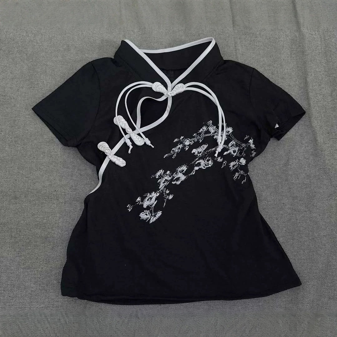 Damen Modernes Chinesisches Kurzarm-T-Shirt mit kreativem Knotendesign EB