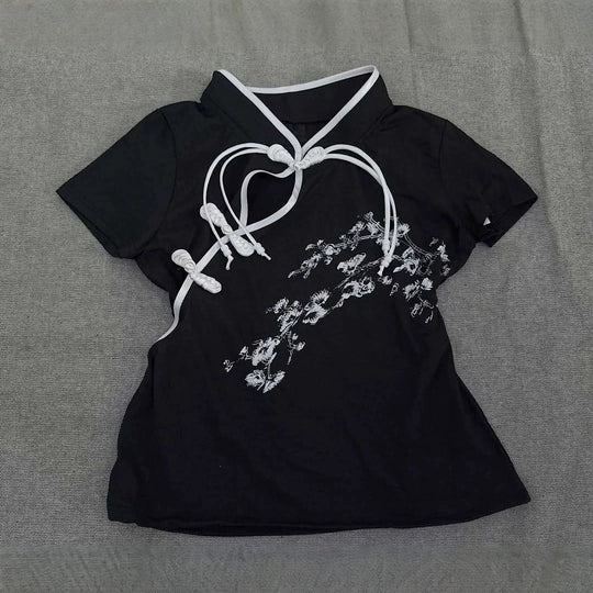 Damen Modernes Chinesisches Kurzarm-T-Shirt mit kreativem Knotendesign EB