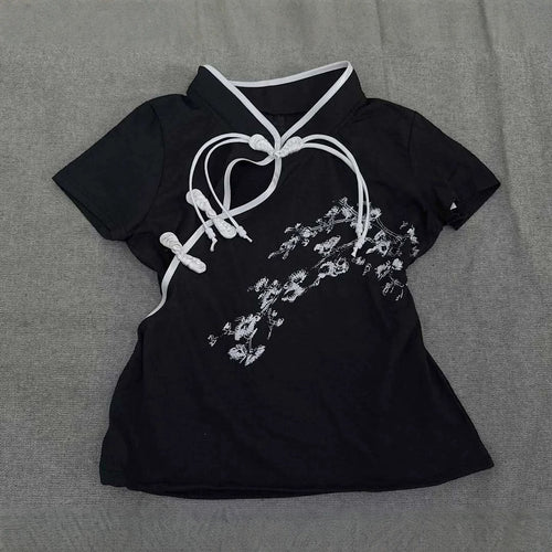 Damen Modernes Chinesisches Kurzarm-T-Shirt mit kreativem Knotendesign EB