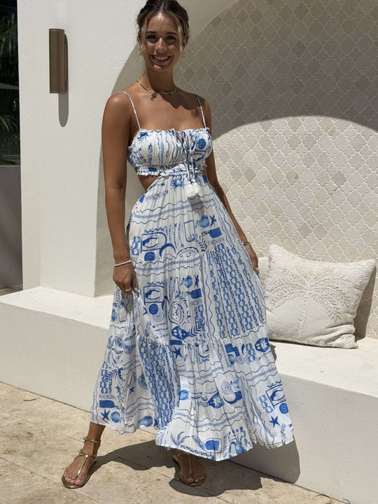 Damen Maxikleid mit verspieltem Cut-Out-Design und dekorativem Kordelzug EB