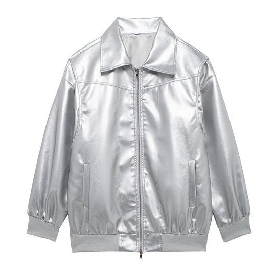 Damen Kunstlederjacke mit elastischen Bündchen und hochschließendem Kragen EB
