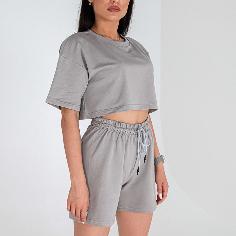 Damen Zweiteiliges Cropped-Lounge-Set aus Baumwolljersey mit elastischer Kordelzug-Shorts EB