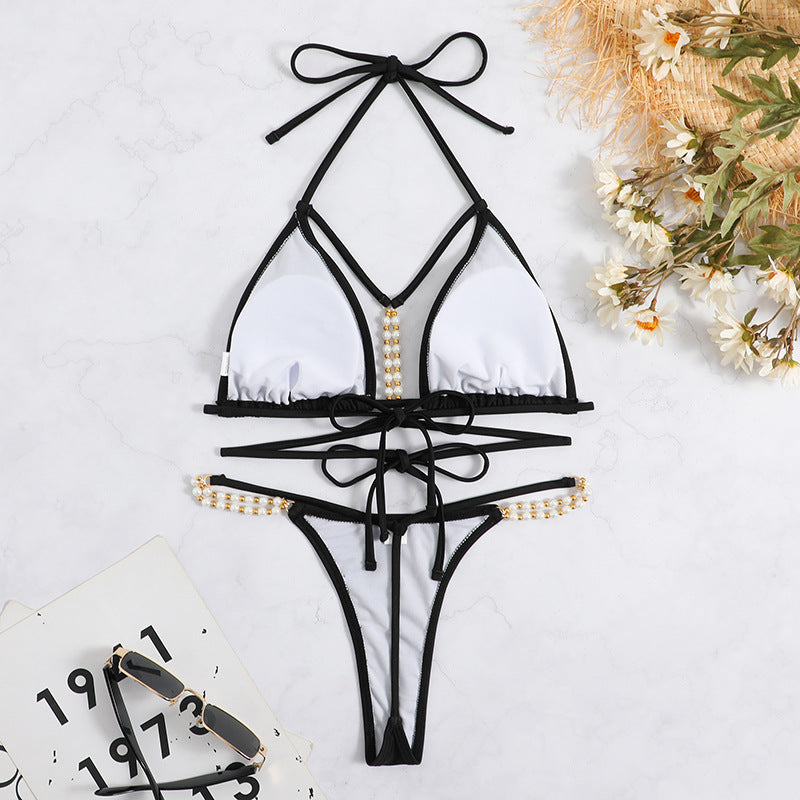 Damen Triangel-Bikini mit kunstvollen Perlenakzenten und verstellbaren Trägern EB