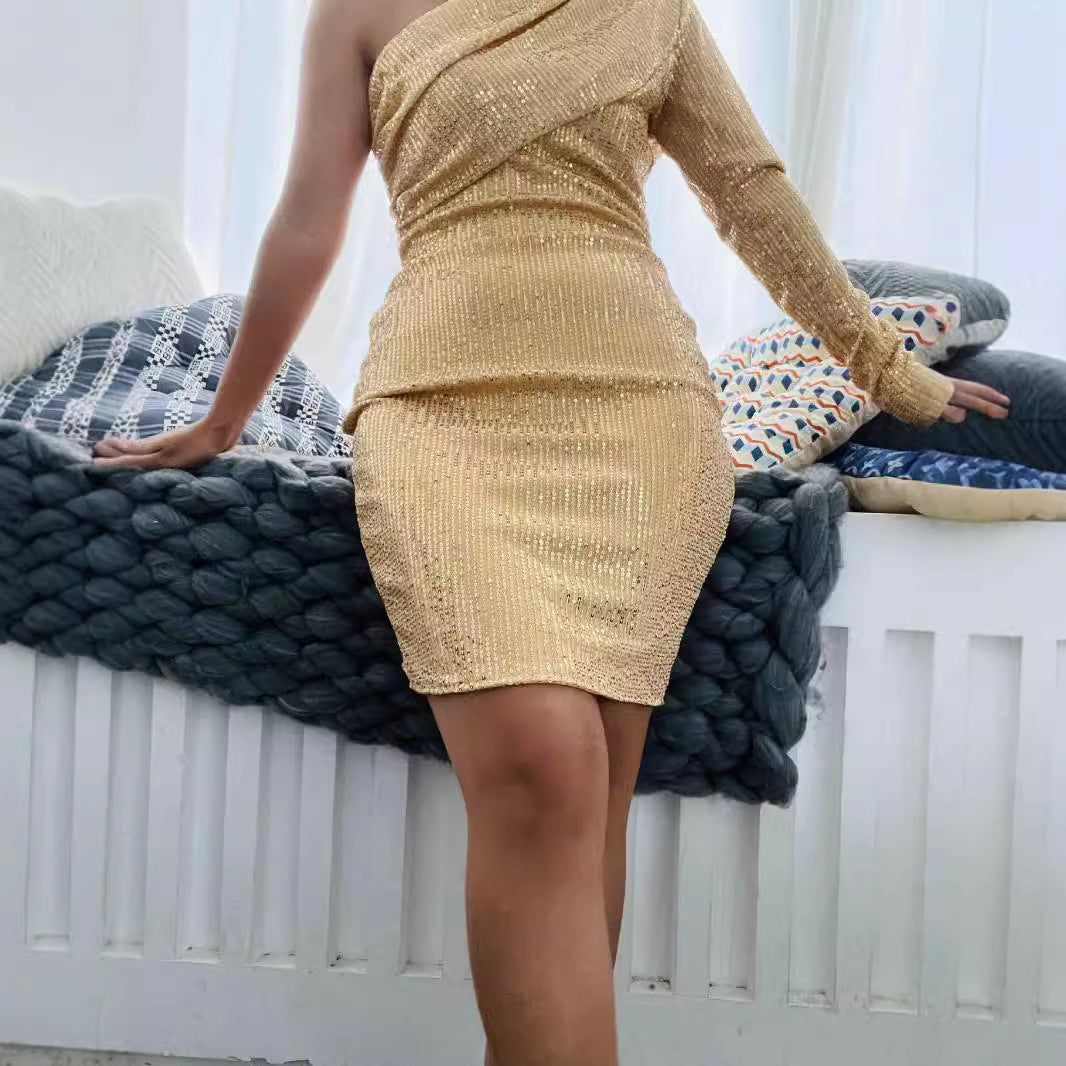 Damen Funktionsminikleid mit asymmetrischem Design und Kristallverzierung EB