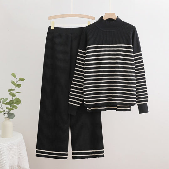 Damen gemütliches Strick-Loungewear-Set mit quer gestreiften Details EB