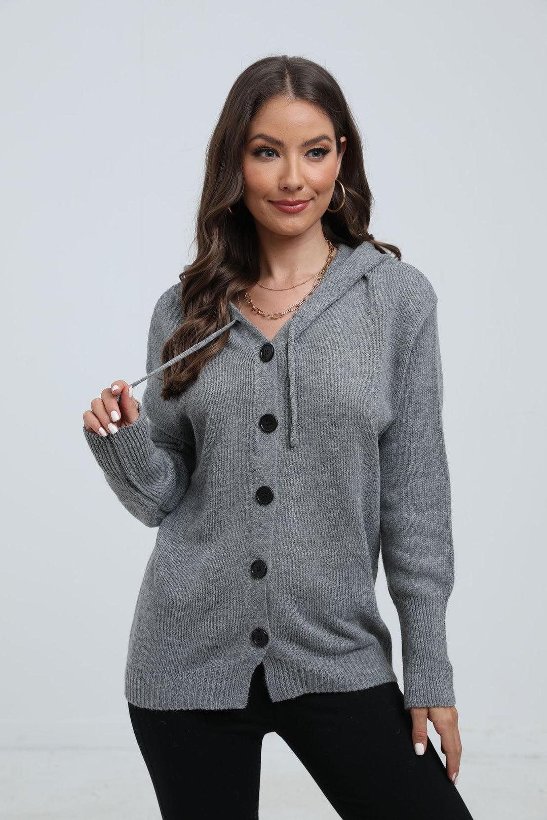 Damen modischer Strickmantel mit Kapuze und dekorativen Knopfdetails EB
