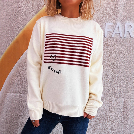 Damen lässiger Pullover mit gestreiftem Design und Herzapplikation EB