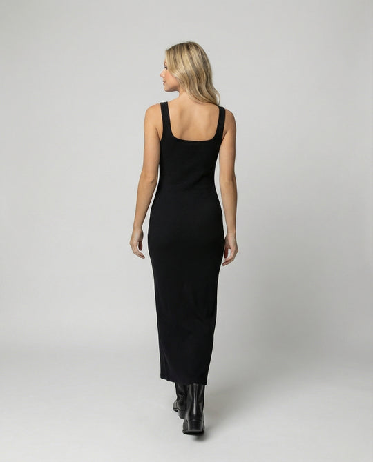 Damen figurbetontes Träger-Maxikleid aus elastischem Jersey mit Knopfdetail und knöchellanger Silhouette EB
