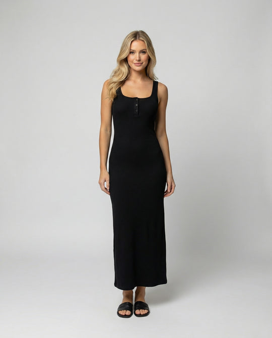 Damen figurbetontes Träger-Maxikleid aus elastischem Jersey mit Knopfdetail und knöchellanger Silhouette EB