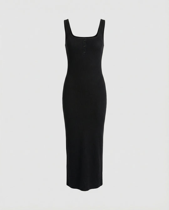 Damen figurbetontes Träger-Maxikleid aus elastischem Jersey mit Knopfdetail und knöchellanger Silhouette EB