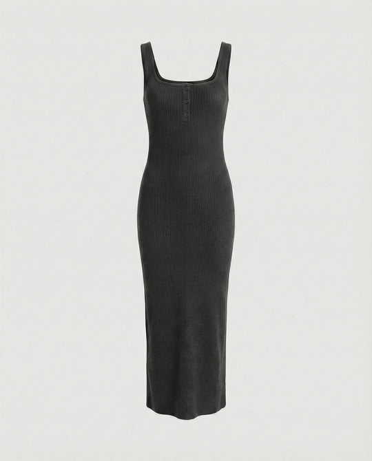 Damen figurbetontes Träger-Maxikleid aus elastischem Jersey mit Knopfdetail und knöchellanger Silhouette EB