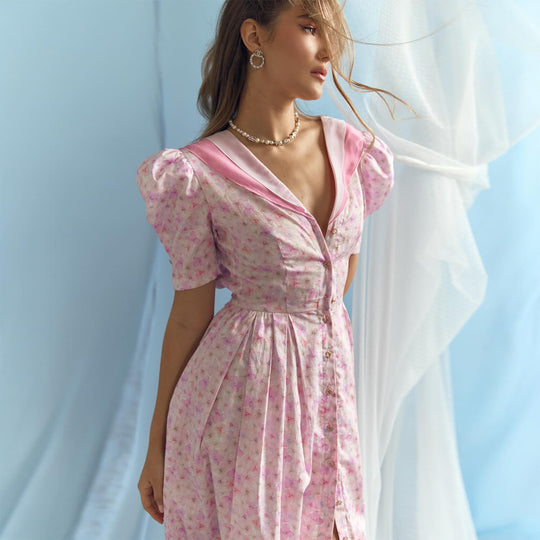 Damen Blütenmuster Kleid mit Puffärmeln und tiefem V-Ausschnitt EB