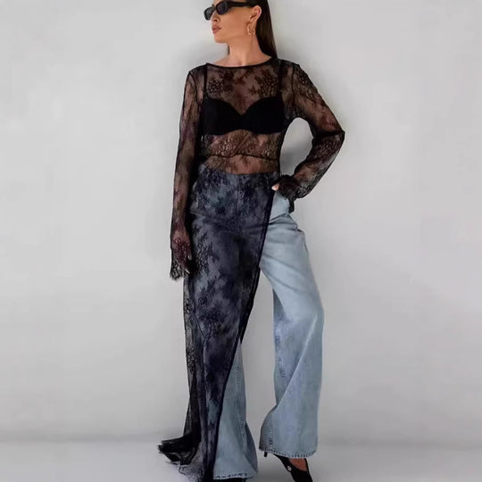 Damen transparente Spitzenbluse mit langen Ärmeln und lässigem Rückenausschnitt EB