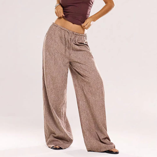 Damen Weite Leinenhose mit elastischem Bund und dekorativen Kordeldetails EB